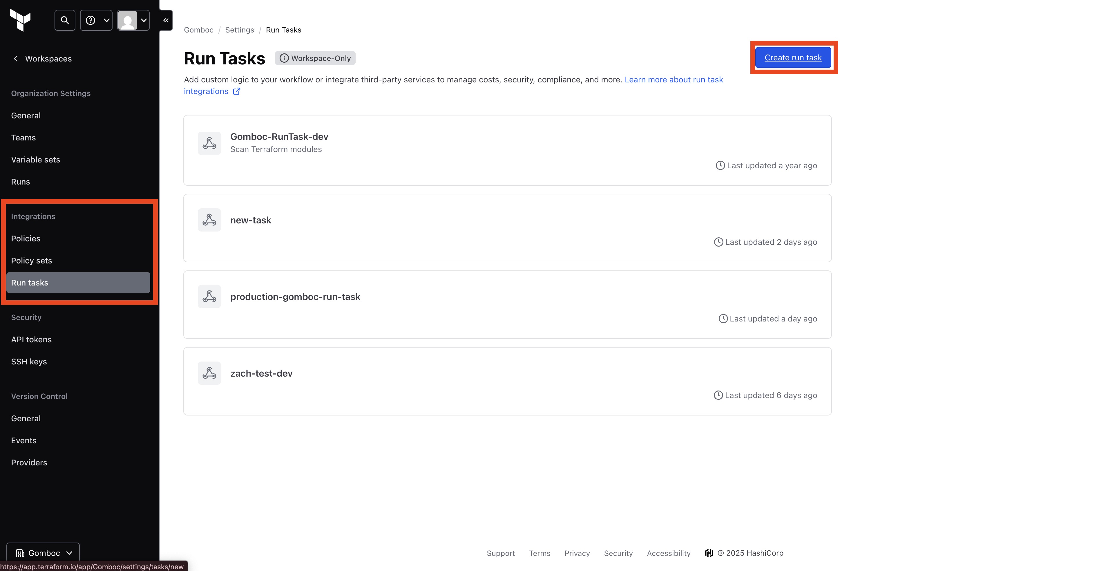 HCP Run Tasks page with create button