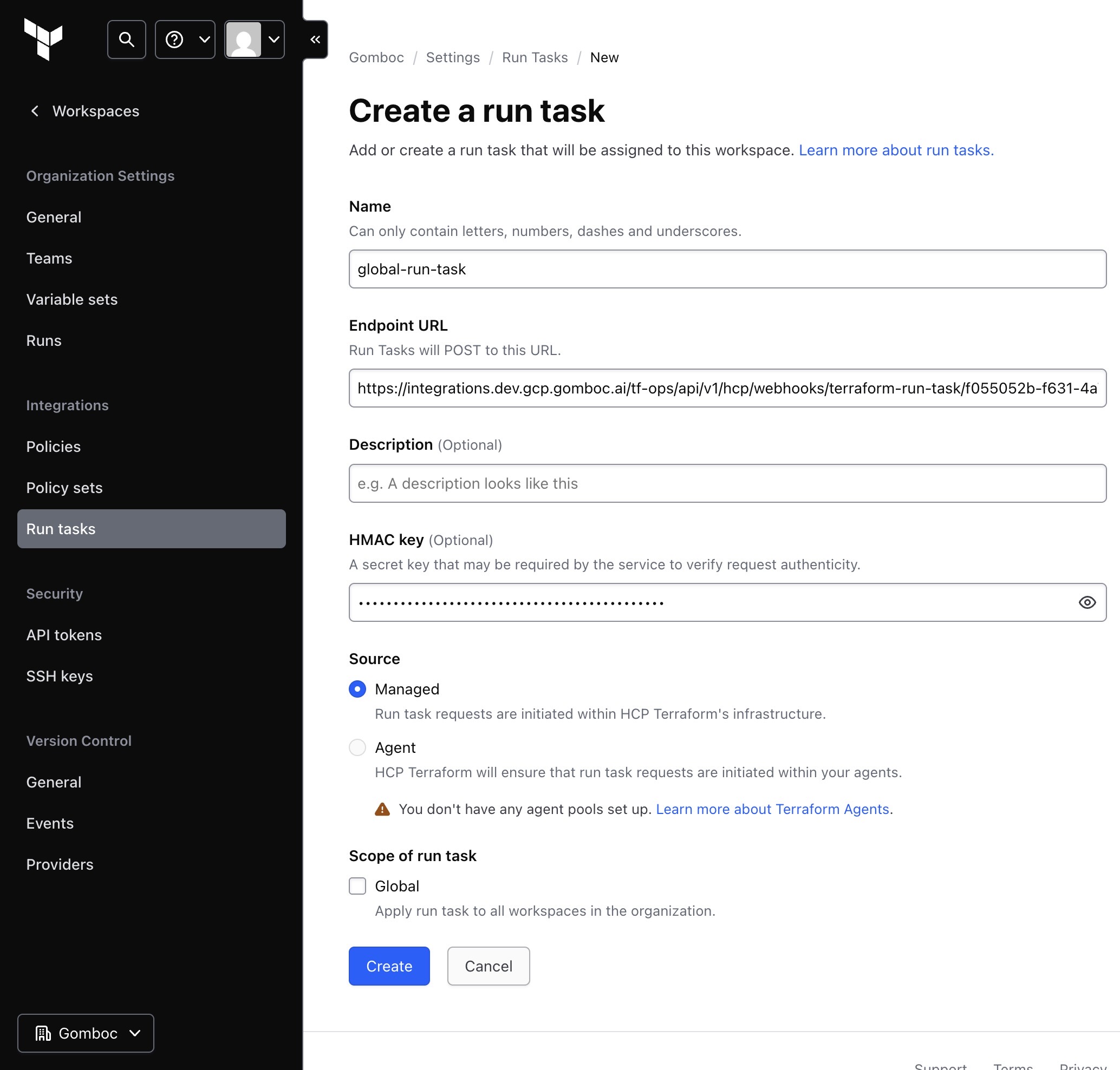 Run task configuration form