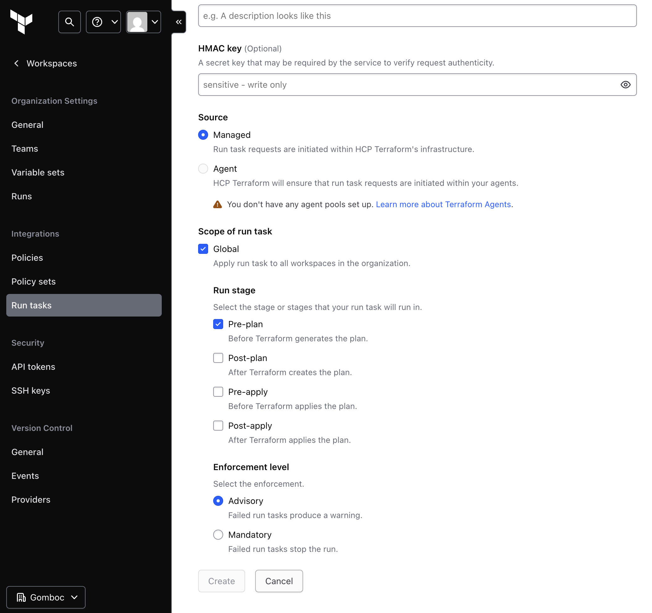 Run task scope configuration