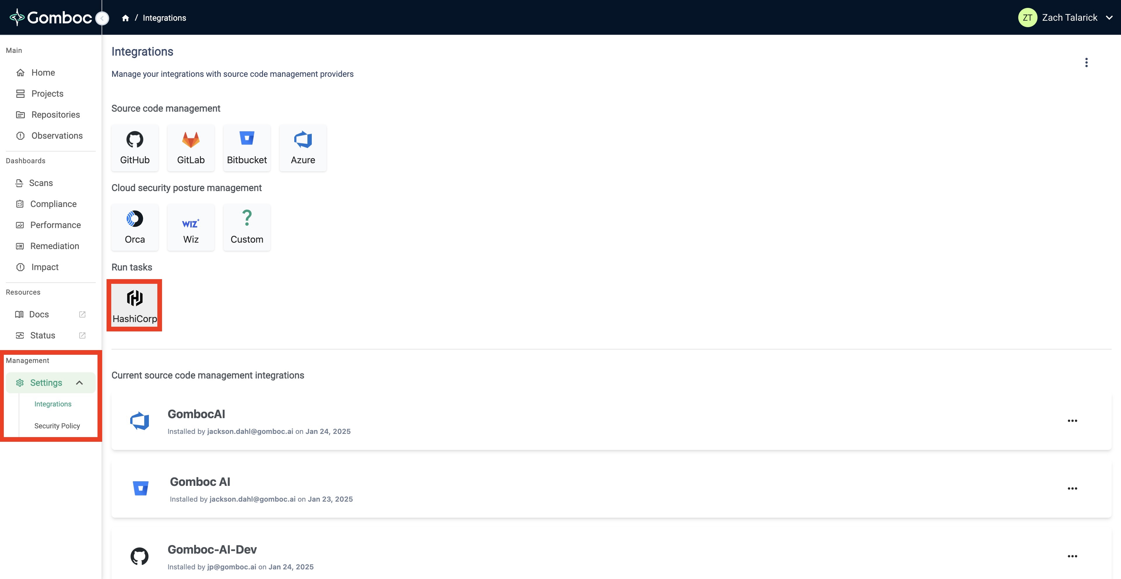 Gomboc Integrations page showing HashiCorp section